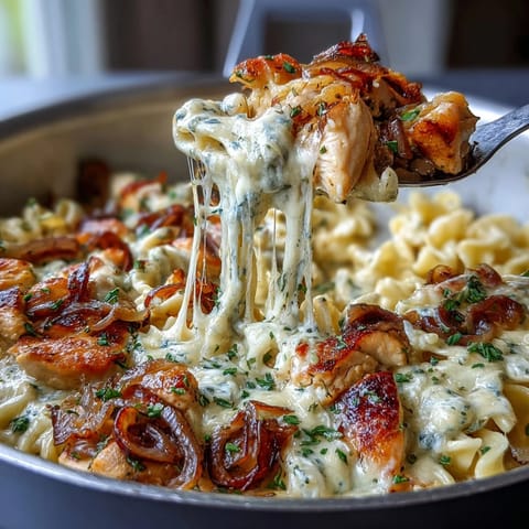 Savory one-pot French Onion Chicken Pasta with golden chicken, sweet onions, and gooey cheese, served hot.  