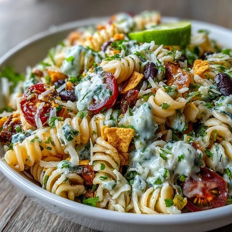 Vibrant Tex-Mex pasta salad featuring creamy taco dressing, fresh avocado, and crunchy tortilla chips.  
