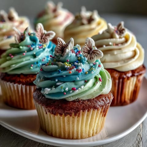 Spring cupcakes with pastel butterfly buttercream and delicate edible decorations, perfect for festive springtime celebrations.