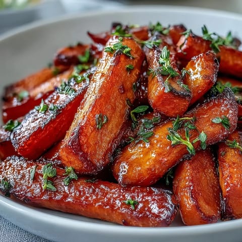 Honey Glazed Roasted Carrots with Thyme: golden roasted carrots glistening with sweet honey and fresh thyme sprigs, a vibrant side dish perfect for holidays.