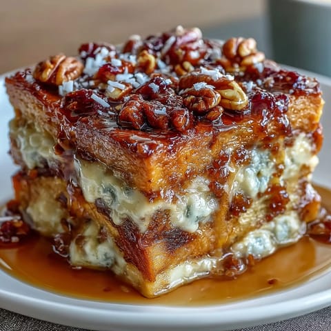 Warm Mexican capirotada with toasted bread, piloncillo syrup, raisins, and cheese, topped with crunchy nuts and coconut flakes.
