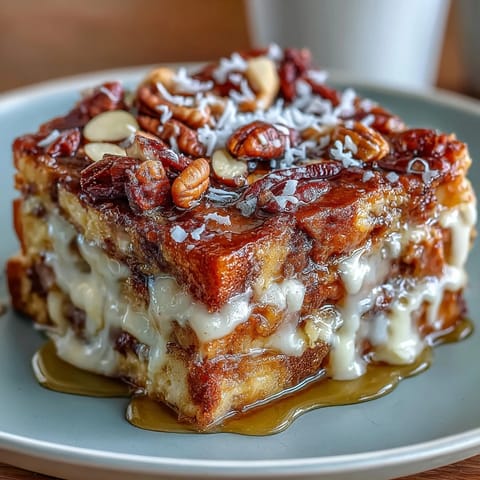 Golden-baked capirotada Mexicana, a comforting bread pudding layered with cinnamon syrup, dried fruits, and melted cheese for a sweet-savory dessert.