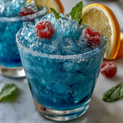 A frosty Blue Raspberry Lemonade Slushie blending zesty lemon and fruity blue raspberry, served with fresh raspberries and mint for a cool, colorful drink.