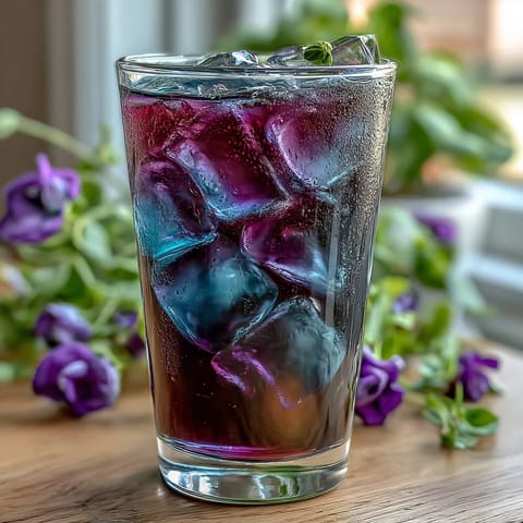Vibrant butterfly pea flower lemonade changing from blue to purple with a splash of citrus in a clear glass.  