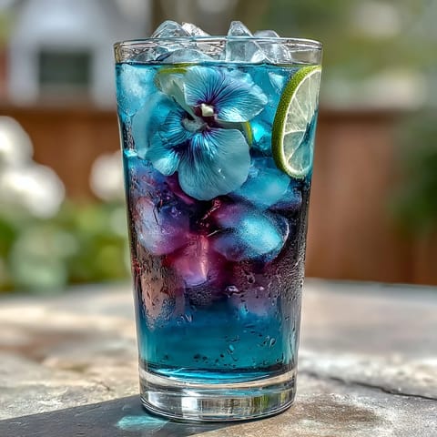 Refreshing color-changing butterfly pea flower lemonade with ice and lemon slices, perfect for summer parties.  