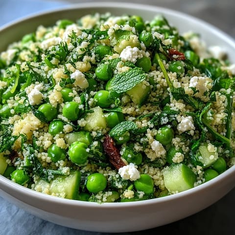 Vibrant Spring Pea and Mint Couscous Salad with fresh peas, mint, and cucumber in a lemon-olive oil dressing, served chilled as a vegetarian side dish.
