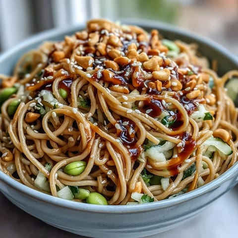 Vibrant sesame ginger noodle bowl with soba noodles, shredded cabbage, and crunchy edamame in a zesty dressing.  