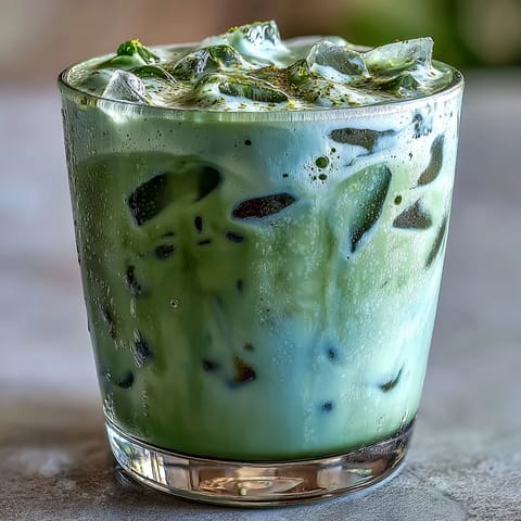 Vibrant green Mother's Day iced matcha latte topped with sweet vanilla foam.