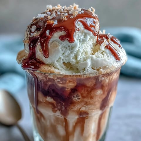 A creamy coconut cold brew float topped with melting vanilla bean ice cream.