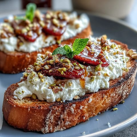 Strawberry Honey Ricotta Toast with Pistachios: vibrant breakfast with creamy ricotta, sweet strawberries, and crunchy nuts.