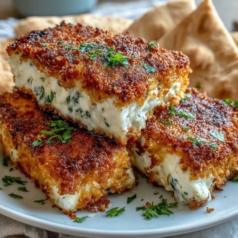 Crispy breaded feta cheese baked golden with panko, drizzled with honey and fresh herbs for a savory-sweet appetizer.