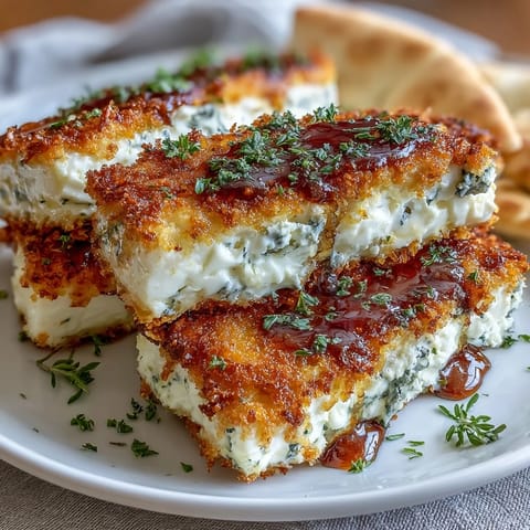 Warm, golden-brown panko-crusted feta slabs served with honey drizzle and chopped herbs, perfect for Mediterranean-style snacking.