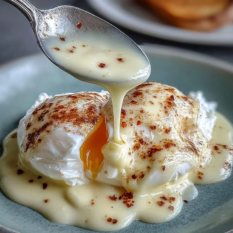 Silky smooth Blender Hollandaise Sauce drizzled over poached eggs on an English muffin, garnished with fresh chives and a sprinkle of paprika.