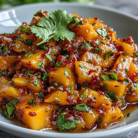 Sweet and fiery mango habanero salsa served with crispy tortilla chips for a perfect appetizer.