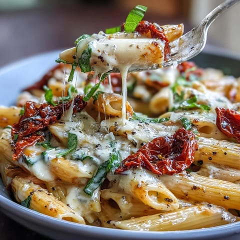 Creamy One-Pot Tuscan Pasta with sun-dried tomatoes and wilted spinach.