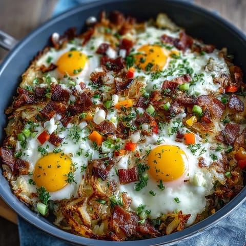 Hearty Father's Day breakfast: loaded hash brown skillet ready to serve.