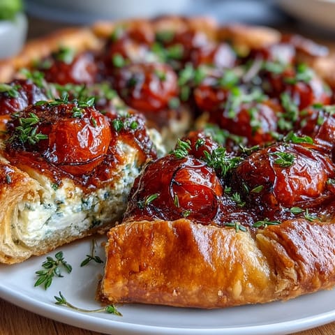 Savory Roasted Cherry Tomato Feta Galette, showcasing sweet tomatoes and creamy cheese.