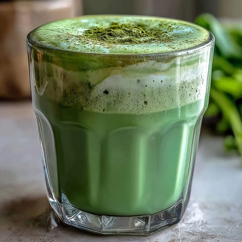 Creamy matcha oat milk latte showcasing a beautiful natural green hue.