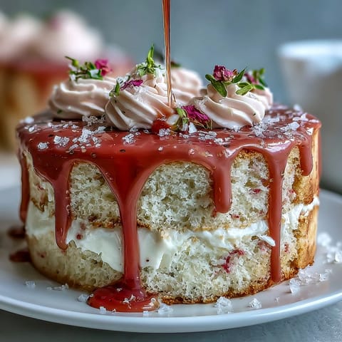 Soft pink Rosé Velvet Cake, rich frosting, cascading edible gold drip artistry.