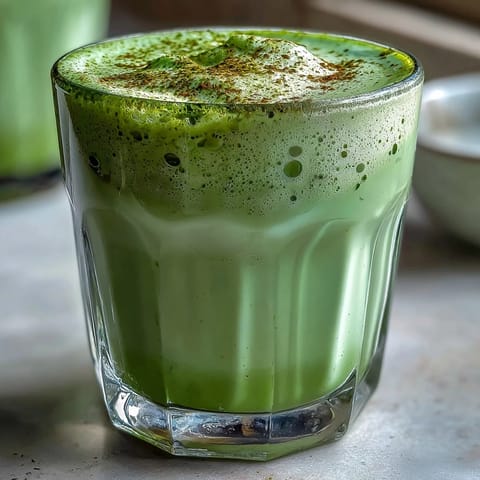 Vibrant matcha oat milk latte, a naturally green, frothy vegan beverage.