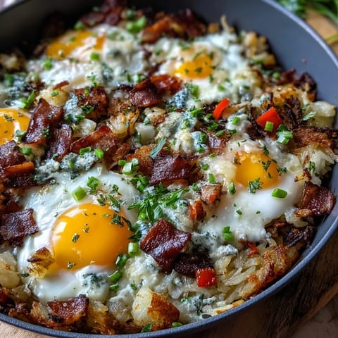 Loaded hash brown skillet with melty cheese, crispy bacon, and runny eggs.