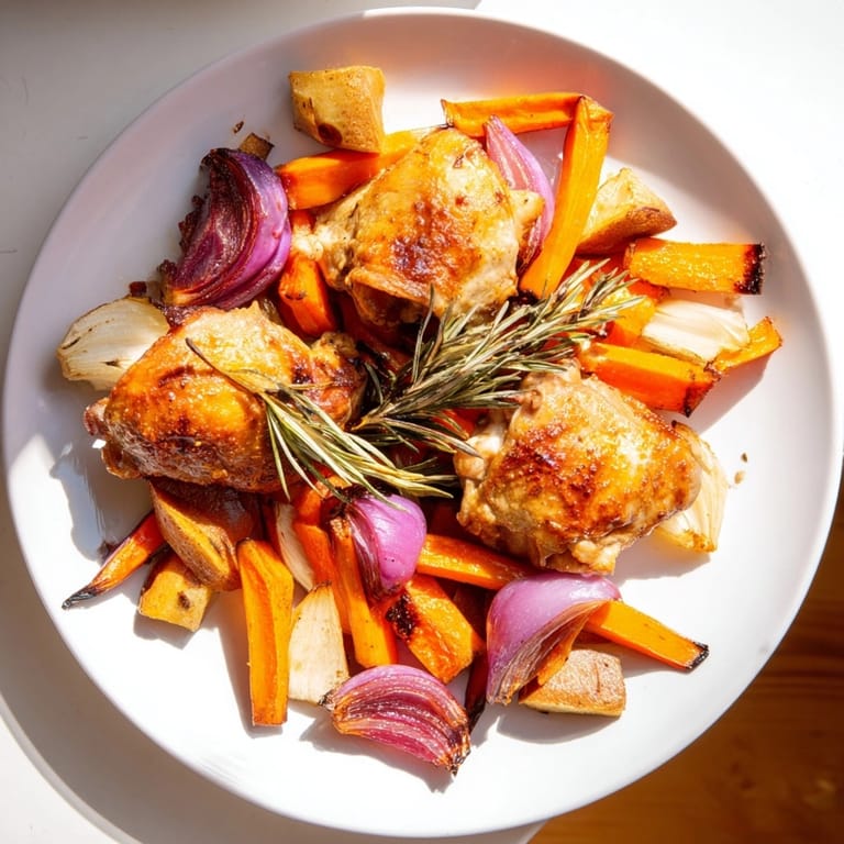 Crisp-skinned Honey-Glazed Chicken with rustic roasted root vegetables: carrots parsnips sweet potatoes and onion.