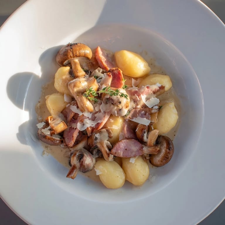 Hearty Woodsy Skillet Sausage and Mushroom Gnocchi, smothered in a rich, savory sauce with spinach.
