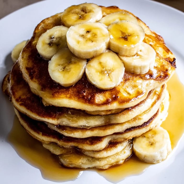 A stack of perfectly cooked golden-brown banana pancakes, served with syrup for a delicious brunch.