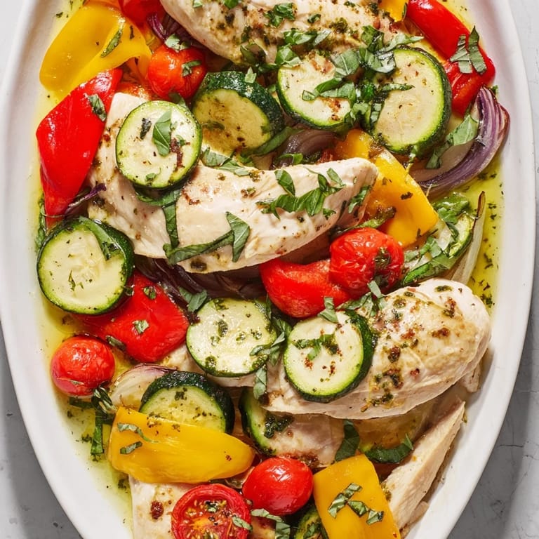 A colorful, close-up shot of perfectly cooked Basil-Soft Chicken and Veggie Sheet Pan Dinner, vibrant and flavorful.