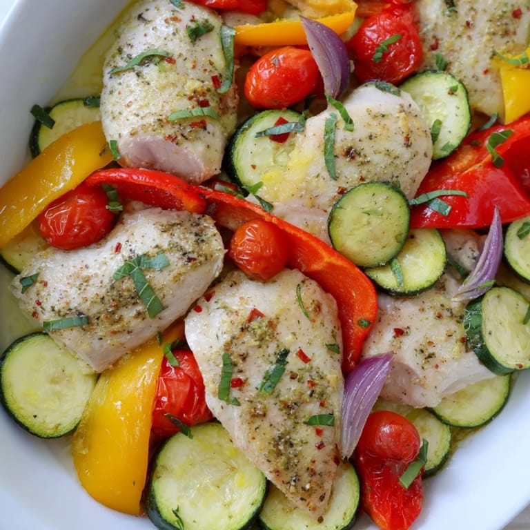Enjoy this simple, gluten-free Basil-Soft Chicken and Veggie Sheet Pan Dinner featuring fresh basil and lemon zest.