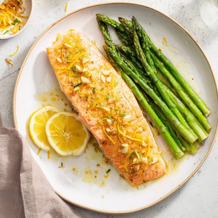 Juicy lemon-butter salmon with asparagus, glistening and ready to serve with fresh parsley.
