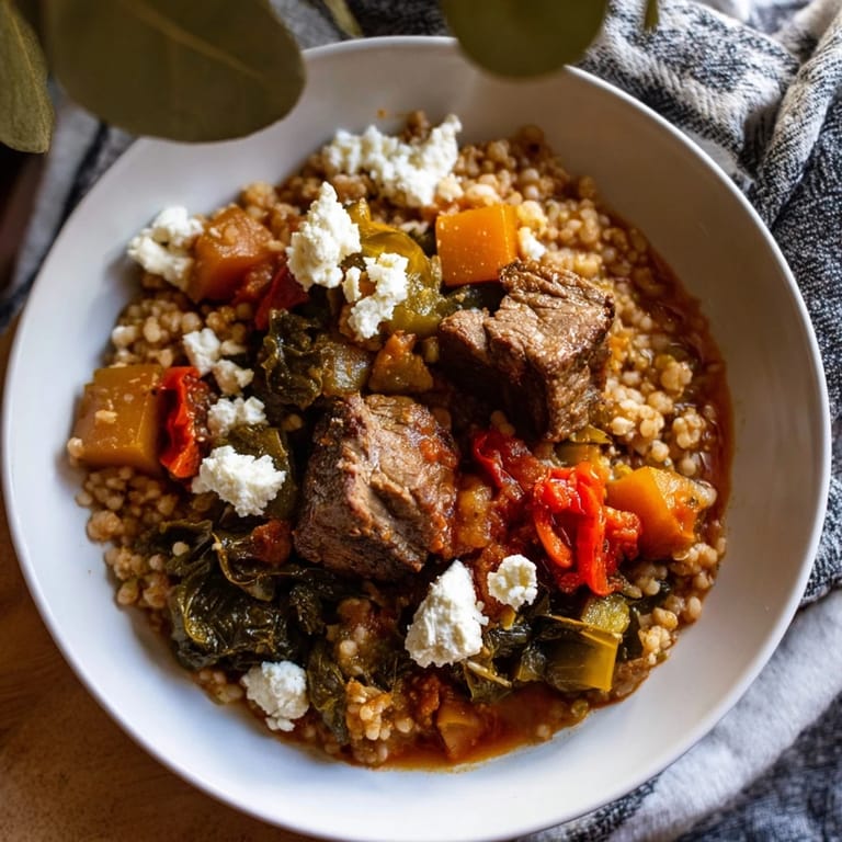 Garnish this vibrant Smoky Mediterranean Lamb and Orzo Supper with feta, parsley, and a lemon wedge.