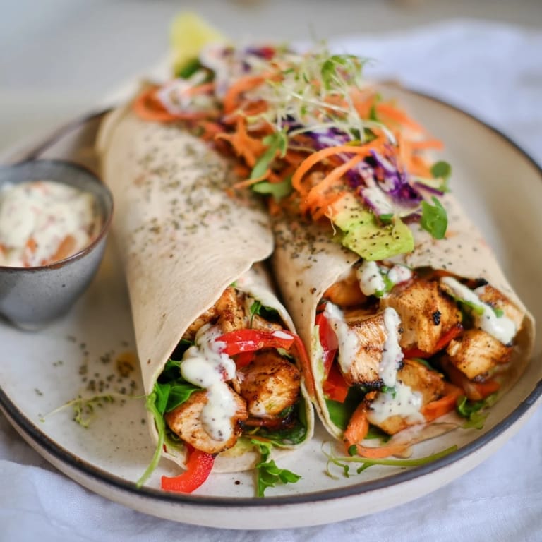 A close-up of poppy-inspired chicken salad wraps revealing juicy chicken and a creamy, tangy dressing.