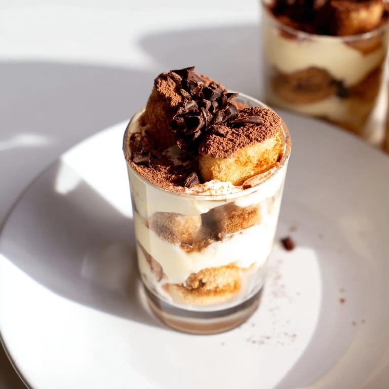 Mini glasses showcasing elegant Countdown Tiramisu Shots, dusted with cocoa and perfect for a sweet ending.