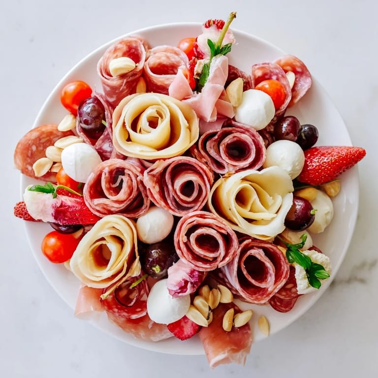Vibrant Prosciutto Rose Bouquet Board with artisan cheeses, grapes, and nuts, perfect for sharing and enjoying.
