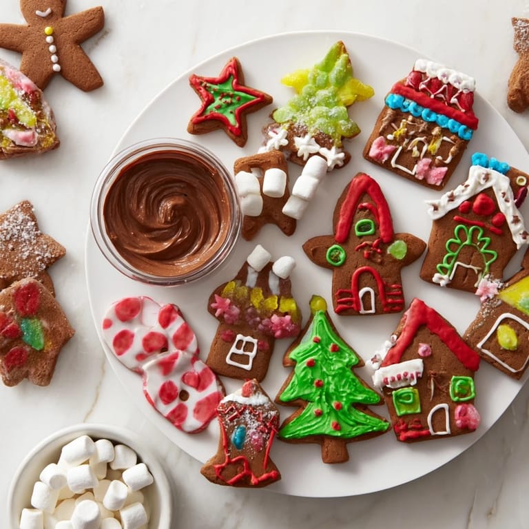 Imagine vibrant colors: This Sweet Board: Gingerbread Village shows perfectly decorated gingerbread houses and treats.