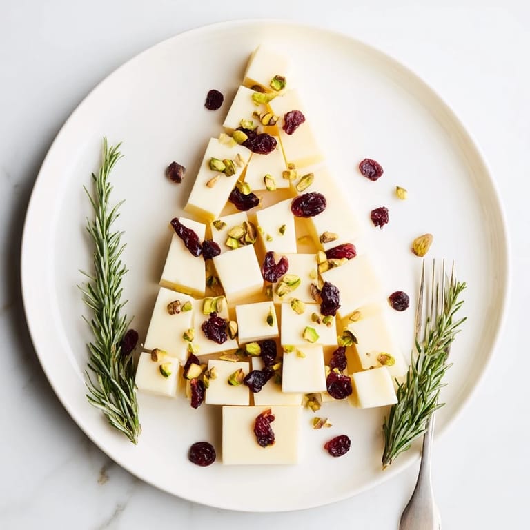 Festive Cranberry White Cheddar Tree, a holiday appetizer with white cheddar, tart cranberries, and crunchy nuts.