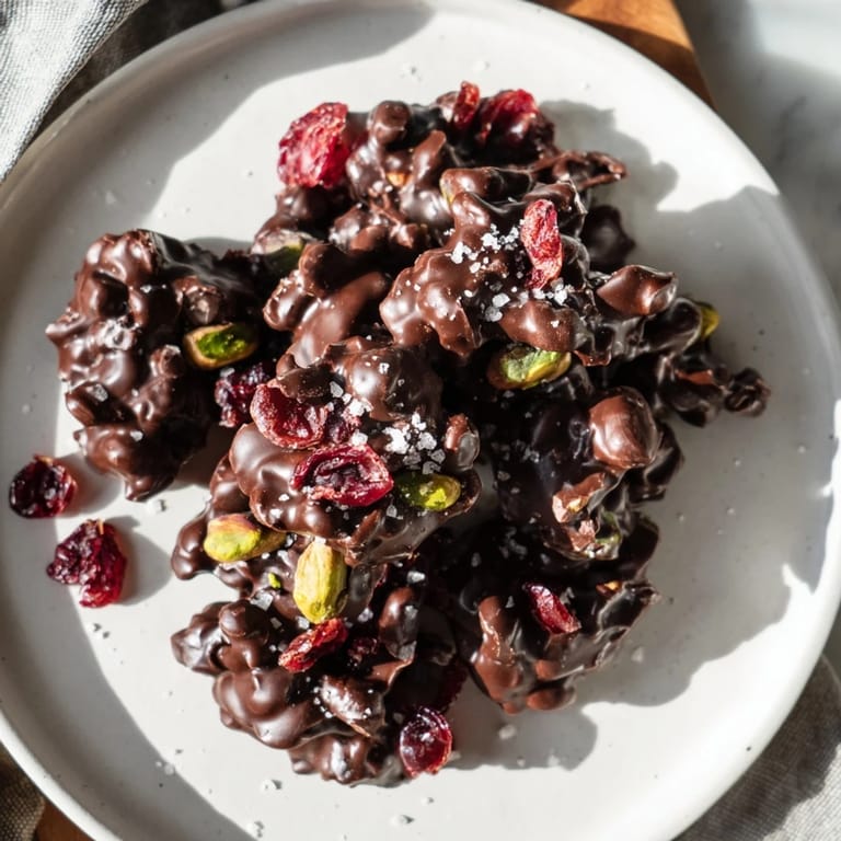 Close-up of freshly made Pistachio and Dried Cranberry Clusters, showing the vibrant red and green colors.