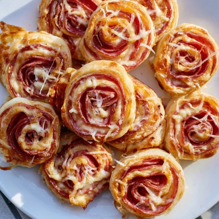 Warm Sliced Cheddar and Salami Scrolls, with melted cheese and salami spilling from flaky pastry layers.