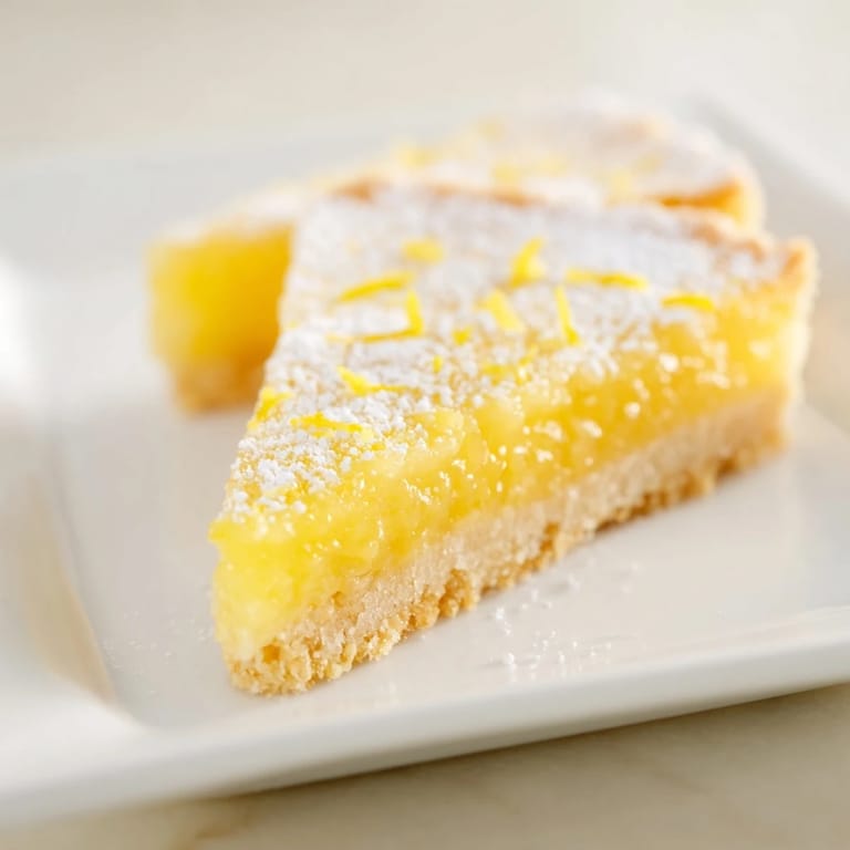 Triangle-shaped lemon bars dusted with powdered sugar, offering a buttery shortbread crust bite.