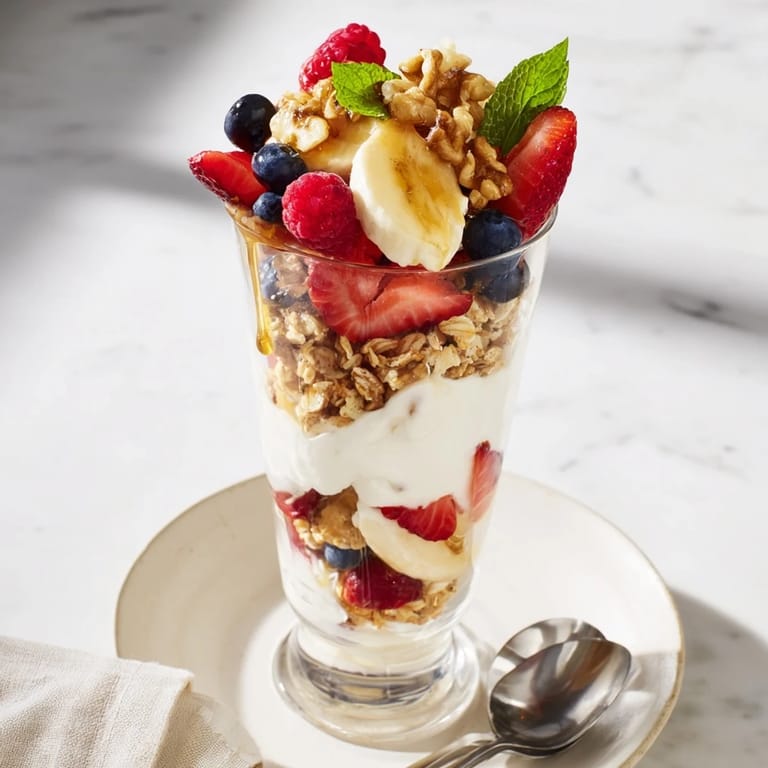 This Yogurt Parfait provides a satisfying treat, featuring delightful textures with yogurt, fruit, and granola in layered glasses.
