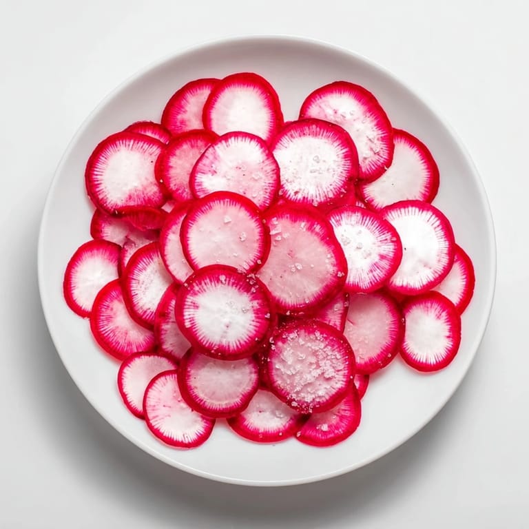 Close-up of bright red radish slices, lightly salted, showcasing a simple yet elegant snack visually.