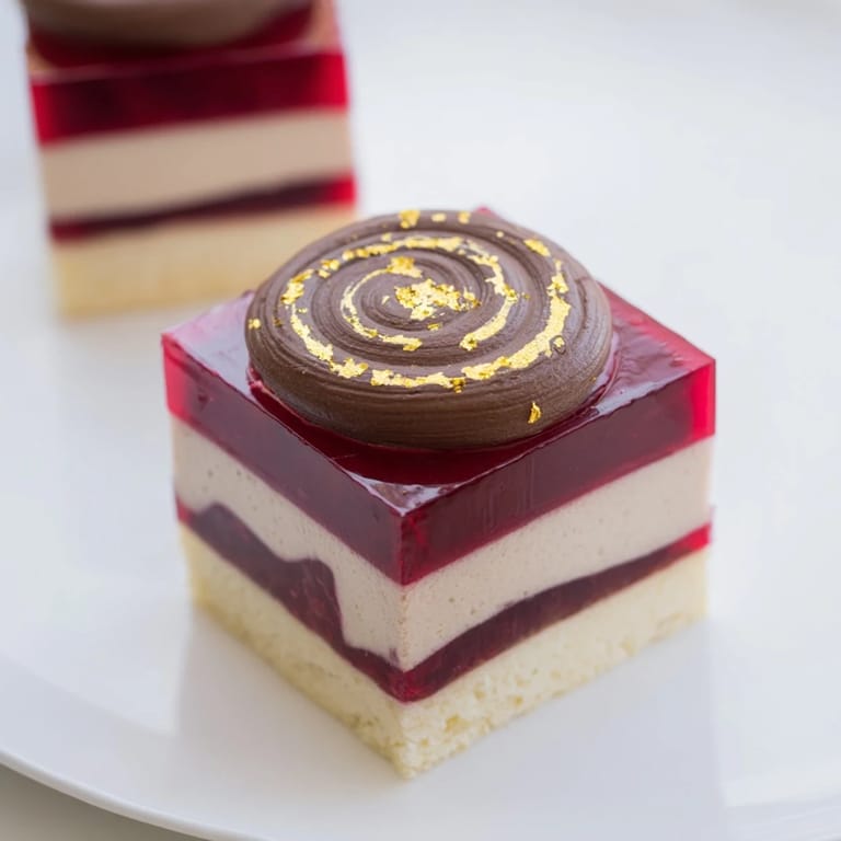 A close-up of The Golden Ratio Shell highlights the intricate fruit jelly spiral and smooth chocolate mousse.