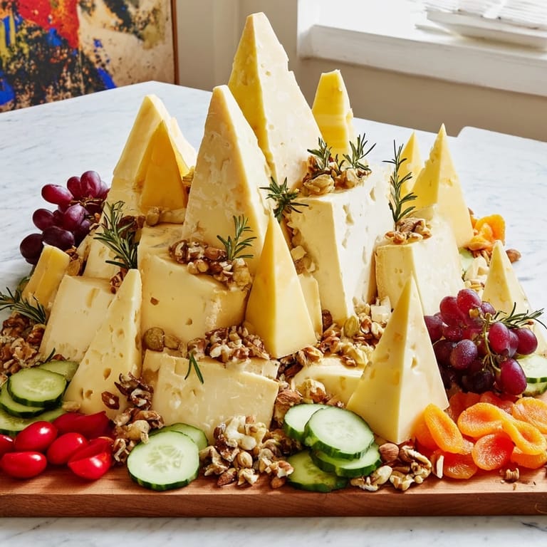 Explore the flavors of this Sculptural Cheese Landscape, with towering cheese peaks and fresh fruit.
