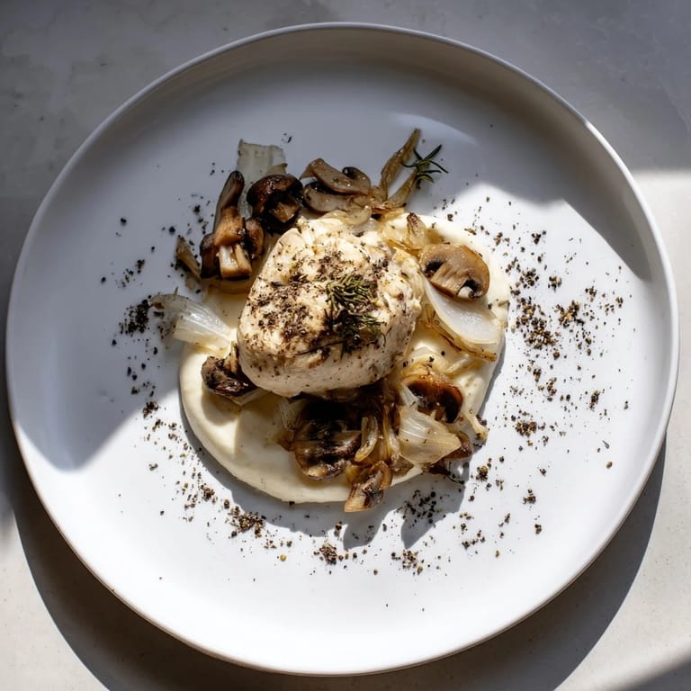 Creamy cauliflower and sauteed mushrooms surround perfectly plated The Ghostly Gala chicken breasts.