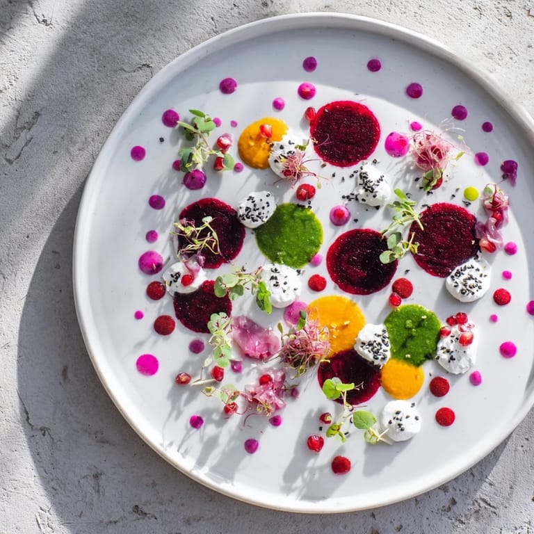 A close-up view of the Pointillism Dot Matrix appetizer showcasing a colorful, creative culinary presentation.