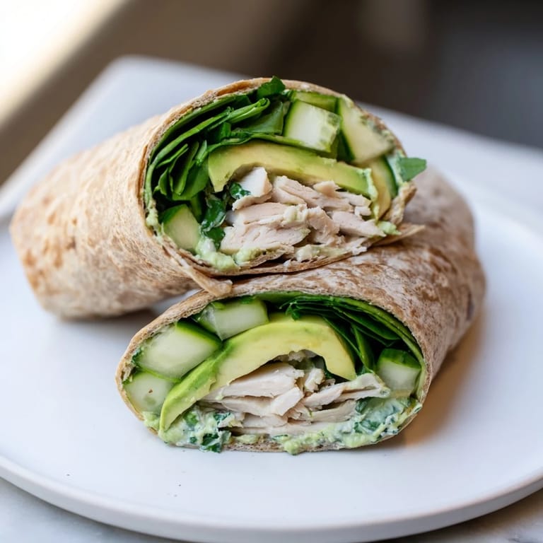 Freshly cut Green Goddess Wellness Wraps, filled with chicken, vegetables, and a creamy green dressing for lunch.