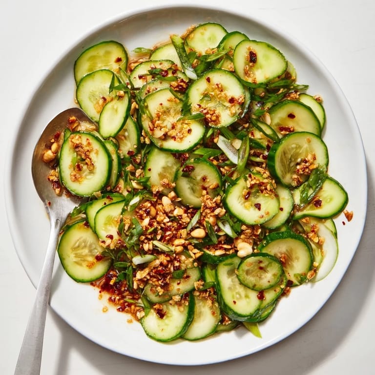 Close-up of the refreshing Cucumber Shaker Salad, ready to serve with a spicy chili crisp topping.