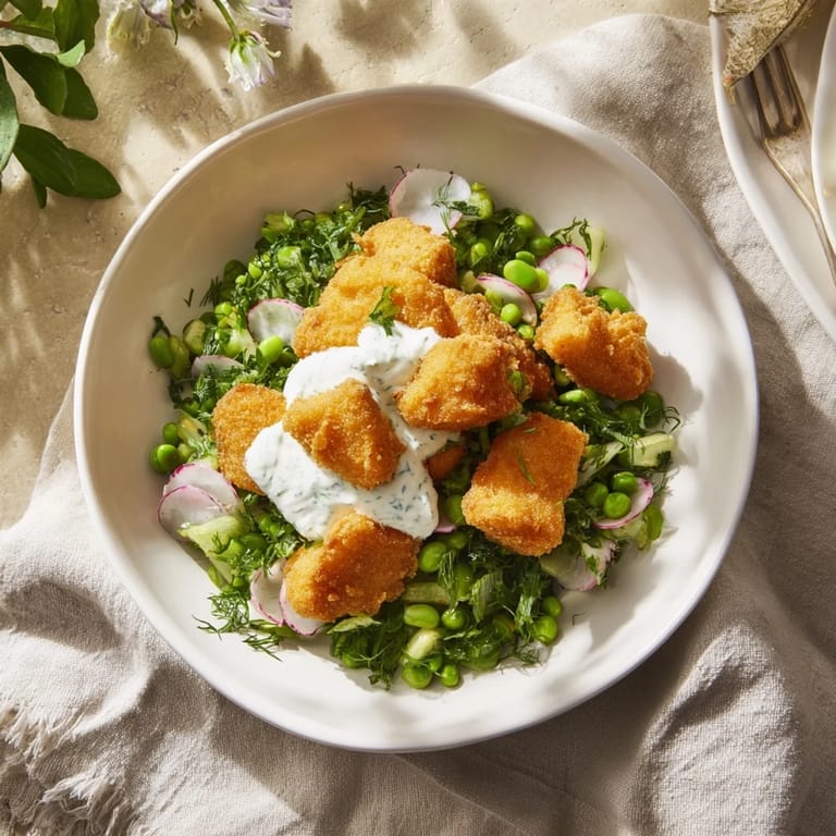 Close-up of the delicious Green Goddess Nugget Salad with fresh herbs and air-fried chicken nuggets.