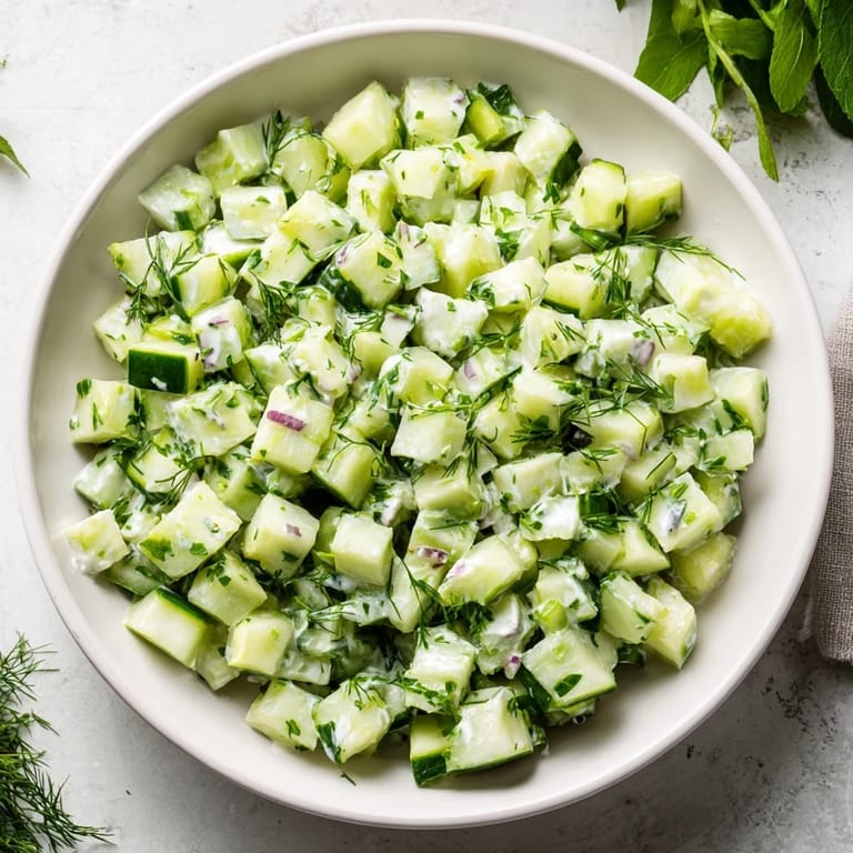 A vibrant bowl of Cucumber and Greek Yogurt Tzatziki Salad with diced cucumbers and red onion.